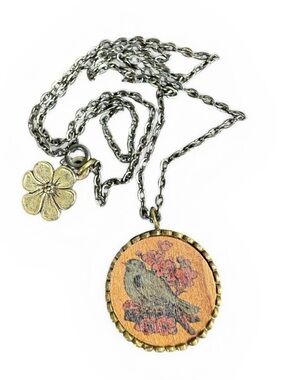 Handmade Bird Pendant Necklace - Brown Wood and Brass